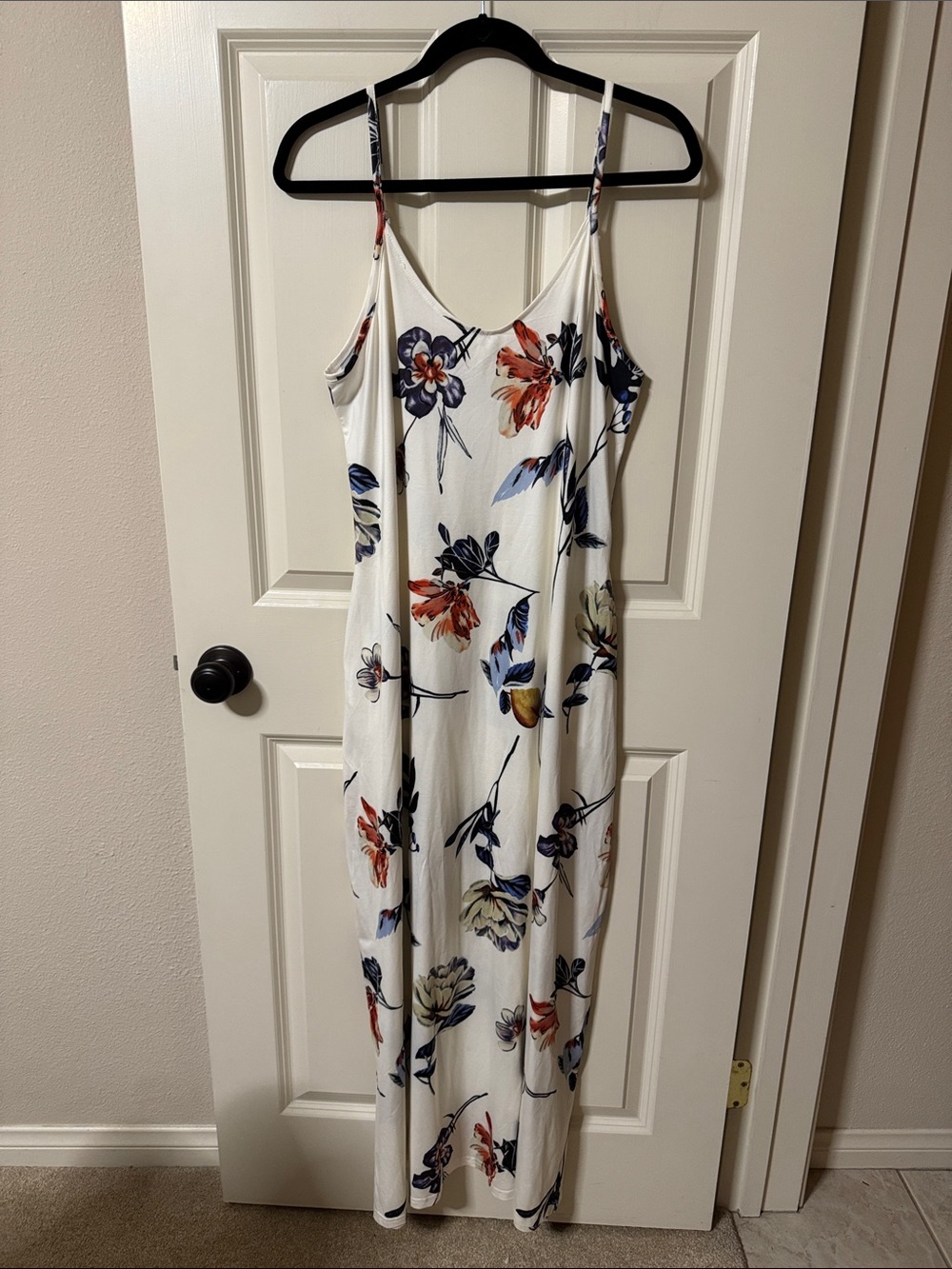 White Floral Maxi Slip Dress with Spaghetti Straps